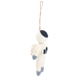 A handcrafted needle-felted astronaut ornament is displayed against a bright, clean backdrop. The 3D wool felt astronaut features a predominantly white spacesuit with gray accents on its feet and hands, and black detailing on the helmet and body. Red stripes are visible on one arm, and a jute string is attached.