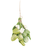 A festive felt mistletoe sprig ornament is displayed against a bright background, evoking a cheerful holiday mood. This unique Christmas ornament features tie-dye green felt leaves. A natural jute string tied at the top creates a loop for easy hanging.