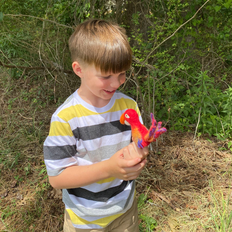 A colorful red and orange felt parrot finger puppet being held and admired by a smiling young boy in a natural outdoor setting.