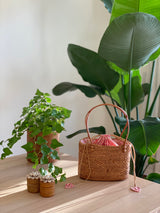 A woven handbag with an oval shape and handle sits on a wooden surface next to two small plants, surrounded by a large plant and natural light. The bag is made from rattan, featuring real leather handles and a unique Batik cotton lining.
