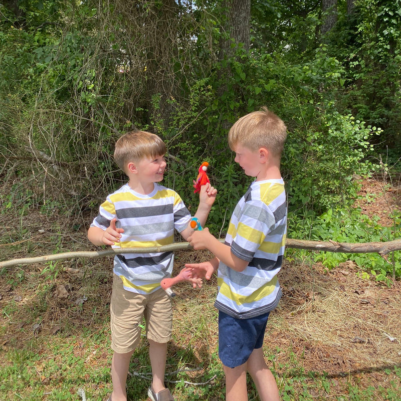 Two young boys in matching striped shirts happily playing together outdoors with a variety of colorful felt finger puppets, including a red parrot, a blue bird, and a pink flamingo.