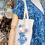 Indigo Cat Bag Charm with Pompom