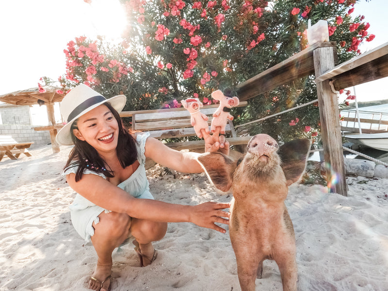 A woman playfully holds up a set of two light pink handmade felt piggy finger puppets on her fingers. These charming fair-trade felt piggy couple finger puppets are dressed in formal attire: one wears a black bow tie and top hat, while the other features a pearl necklace and red hat.