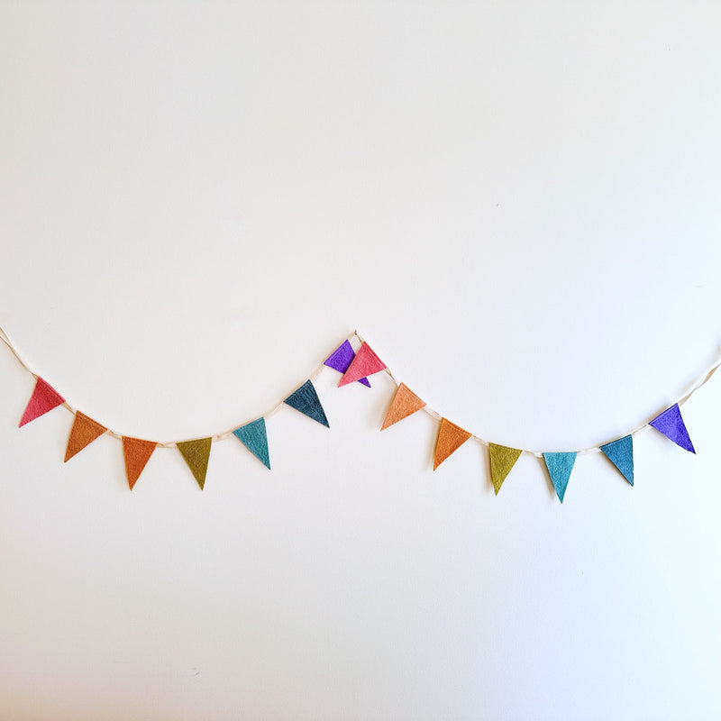 A vibrant felt flag garland, serving as a party banner, is strung horizontally on a plain white wall. This cheerful felt banner features a string of solid-colored flags in bright red, orange, yellow, teal, and purple, perfect for a festive celebration.