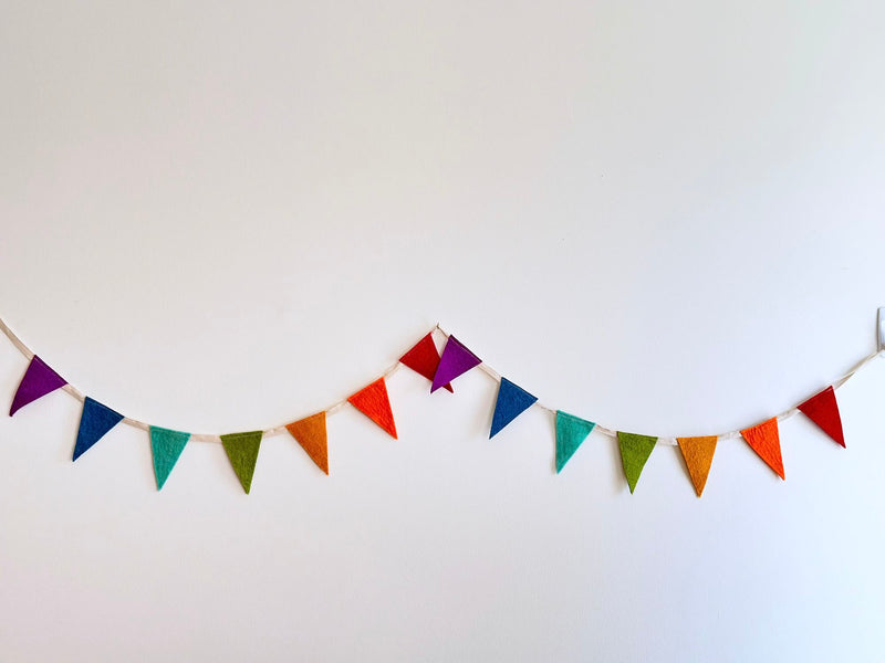 A vibrant felt flag garland, designed as a festive party banner, hangs against a bright white wall. This cheerful banner features a series of simple triangular felt flags in a variety of colors including purple, blue, green, orange, and red, strung along a neutral cord. Its playful design evokes a sense of celebration.