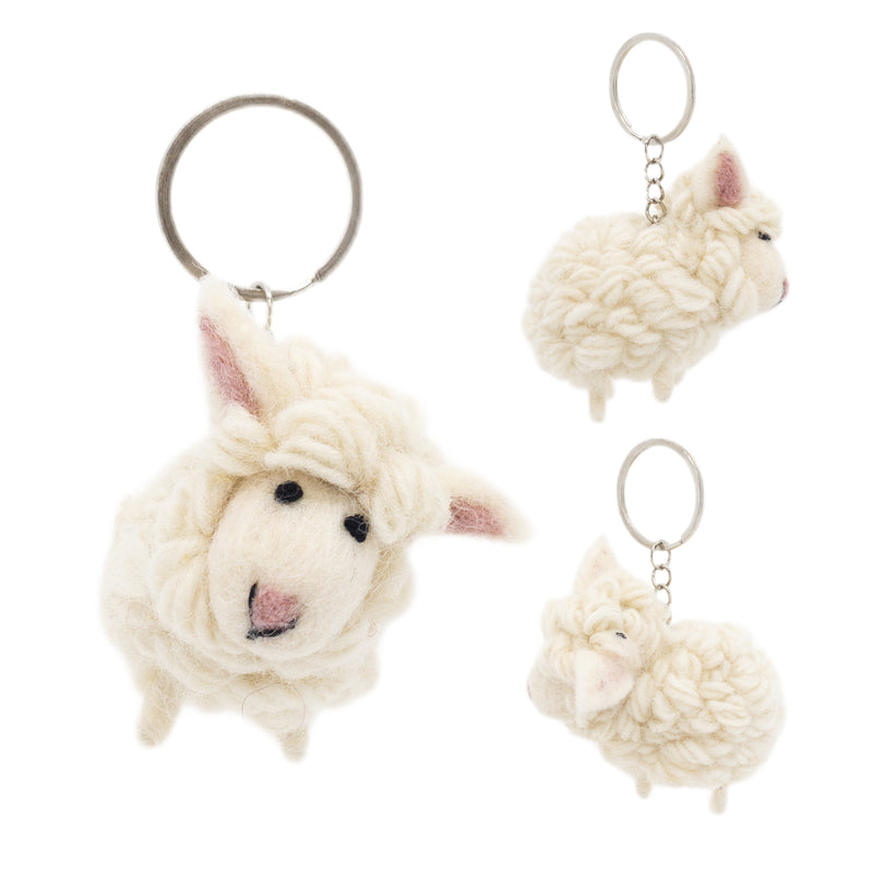 A wool felt mini sheep keychain is presented against a plain white background, shown from three distinct angles. This soft, fluffy, off-white felt sheep keychain features small pink-lined ears, a rounded body, and stubby legs. Its minimalist face has tiny black eyes and a darker nose, with a metal clasp attached to the head.