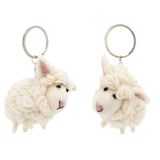 Two off-white wool felt sheep keychains are displayed against a bright white backdrop. Each mini sheep keychain is crafted from textured 100% wool felt, resembling a fluffy coat, with small black eyes and pink felt in their ears. They each feature a metal ring with a clasp for easy attachment.