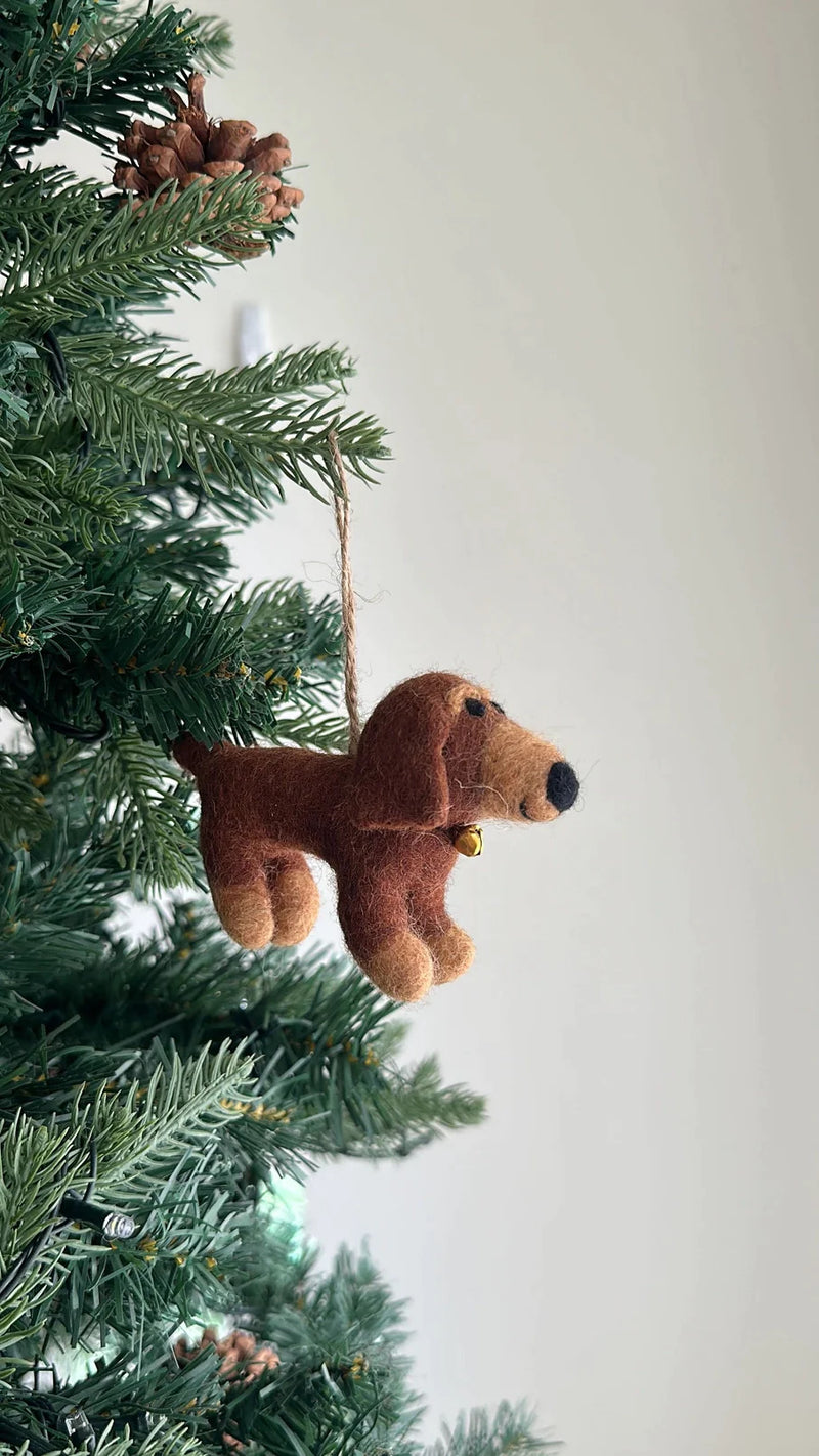 A handmade felt dachshund ornament hangs on a Christmas tree branch. The brown dachshund has a long body, short legs, floppy ears, tan paws and muzzle, and a black nose. A small gold bell is tied around its neck. It is suspended by a jute string, with a pine cone visible on an upper branch against a white background.