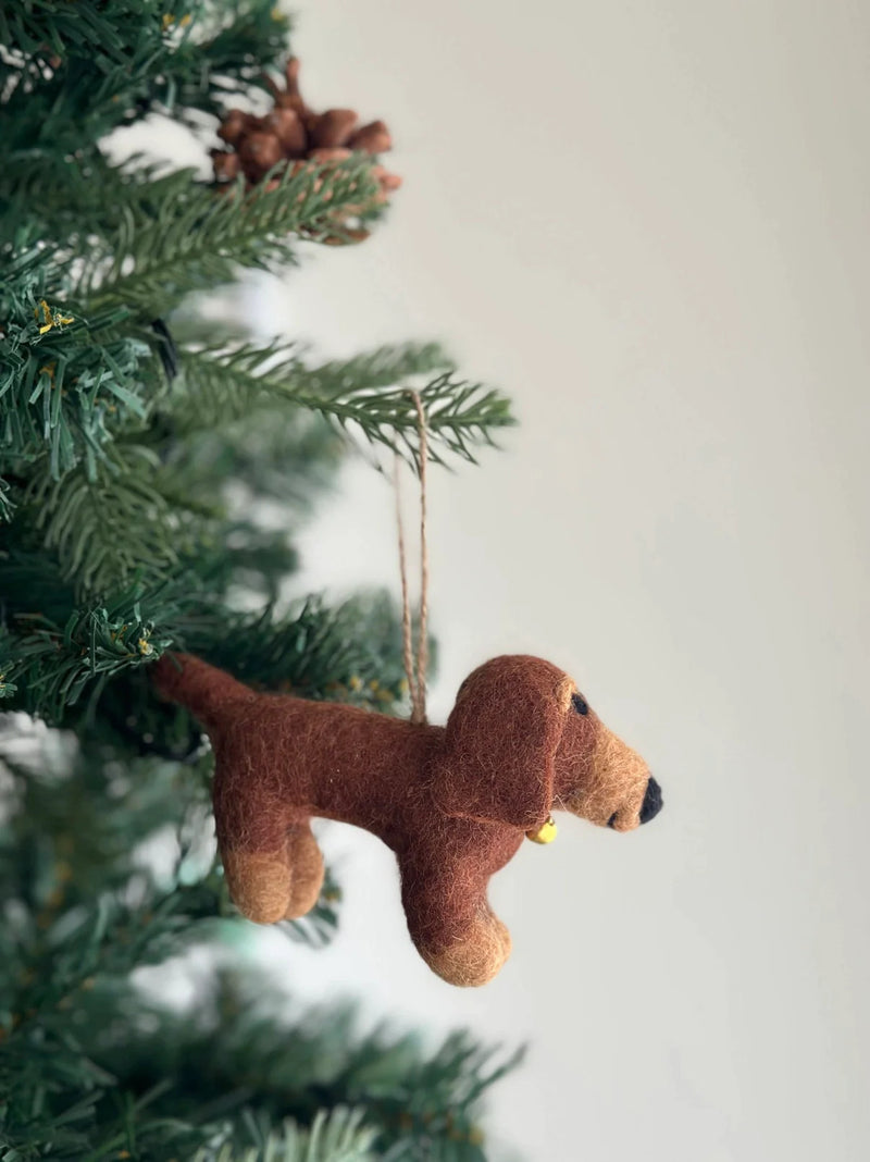 Felt dachshund ornaments are playfully displayed on a lush green Christmas tree. This charming ornament features four felt dachshunds in cream, khaki, brown, and black, surrounding a felt bone within a white felt frame. A jute string allows it to hang among the needled branches and a natural pine cone, against a soft light gray background.