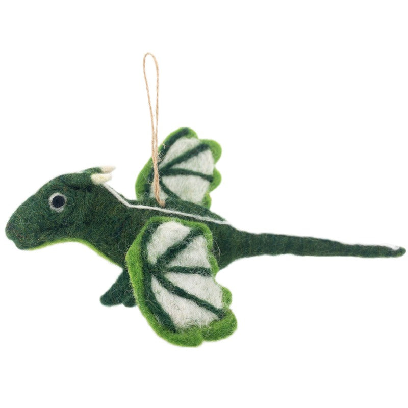 A vibrant green flying dragon felt ornament is presented against a stark white background. This unique needle felted dragon features vivid green-edged wings with white interiors, a slender tail, small horns, and a tiny black eye. A jute string is attached to its back for easy hanging, showcasing its detailed three-dimensional design.