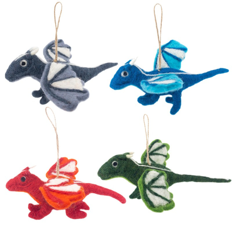 Four vibrant felt flying dragon ornaments, handcrafted from 100% needle-felted wool, are displayed against a clean white background. Each 3D dragon showcases unique color combinations: dark gray with light gray accents, blue with light blue, red with orange and white, and green with white. They feature small horns, a tail, and tiny legs, ready to add charm.