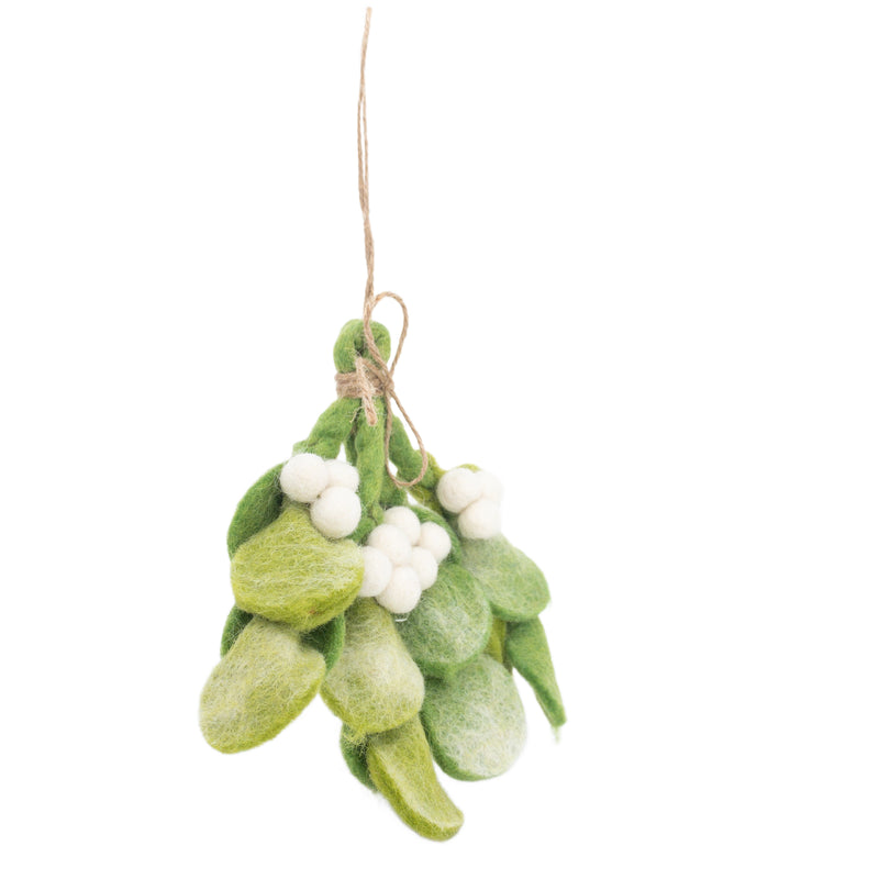 A festive felt mistletoe sprig ornament is displayed against a bright background, evoking a cheerful holiday mood. This unique Christmas ornament features tie-dye green felt leaves. A natural jute string tied at the top creates a loop for easy hanging.