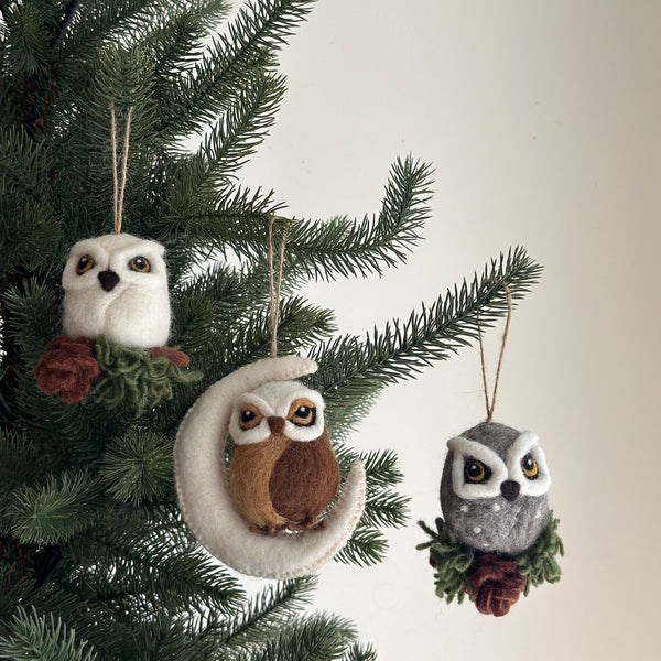 Three needle felted owl ornaments hang from the branches of an evergreen tree, each suspended by a jute string, creating a festive and whimsical display. One white owl ornament perches on cypress foliage, while a brown owl ornament sits on a white crescent moon. A gray owl ornament completes the set, perched on cypress foliage with a brown pinecone.