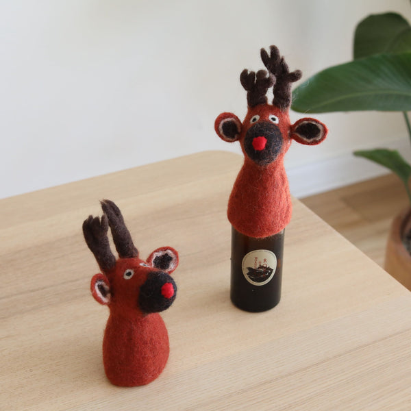 Felt Red Reindeer Wine Bottle Toppers