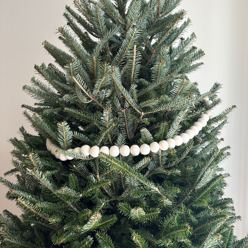 A white felt pompom ball garland gracefully drapes across a lush Christmas tree, creating a warm, celebratory atmosphere. The uniformly round, white felt pompoms are evenly spaced, providing a striking contrast against the vibrant green tree branches. This neat and polished garland enhances the natural texture of the foliage.