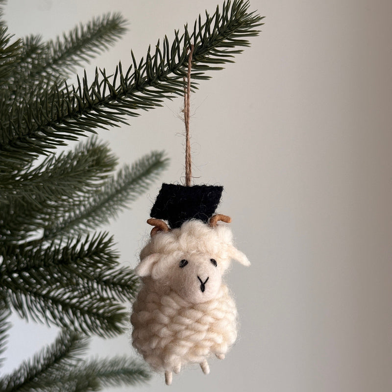 A handmade wool felt graduate ram ornament hangs gracefully on a green pine tree branch against a light grey background. This charming Christmas ornament features a fluffy cream coat, curled brown horns, and a miniature black graduation cap, with a natural twine string attached for easy display.