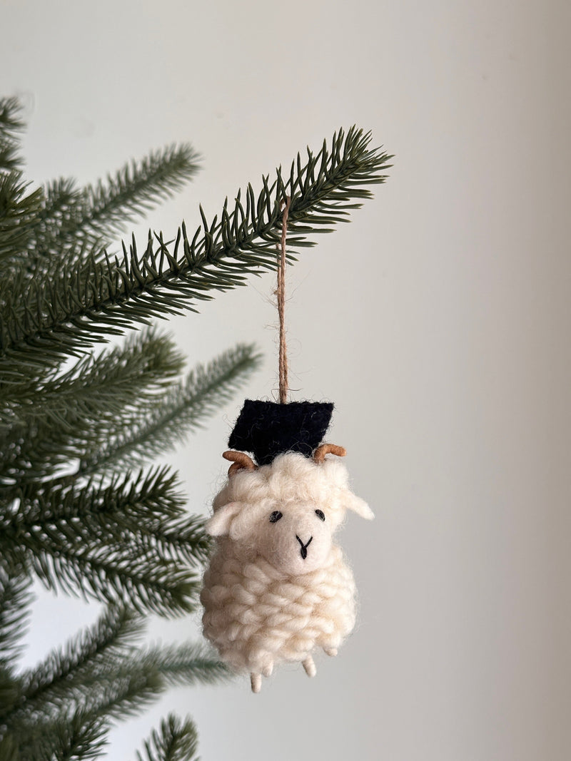 A handmade wool felt Graduate Ram ornament hangs from a green Christmas tree branch against a light background. This unique Christmas ornament features a cream-colored, fluffy body, small brown curled horns, and a tiny black graduation cap, complete with a natural twine string for hanging.