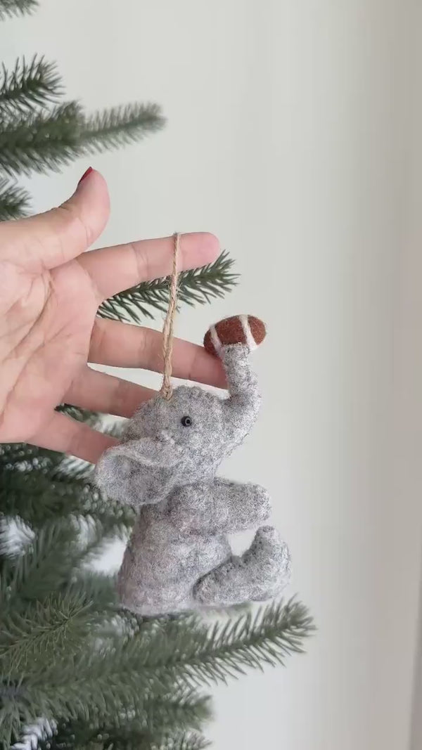 Felt Elephant with football Christmas Ornament