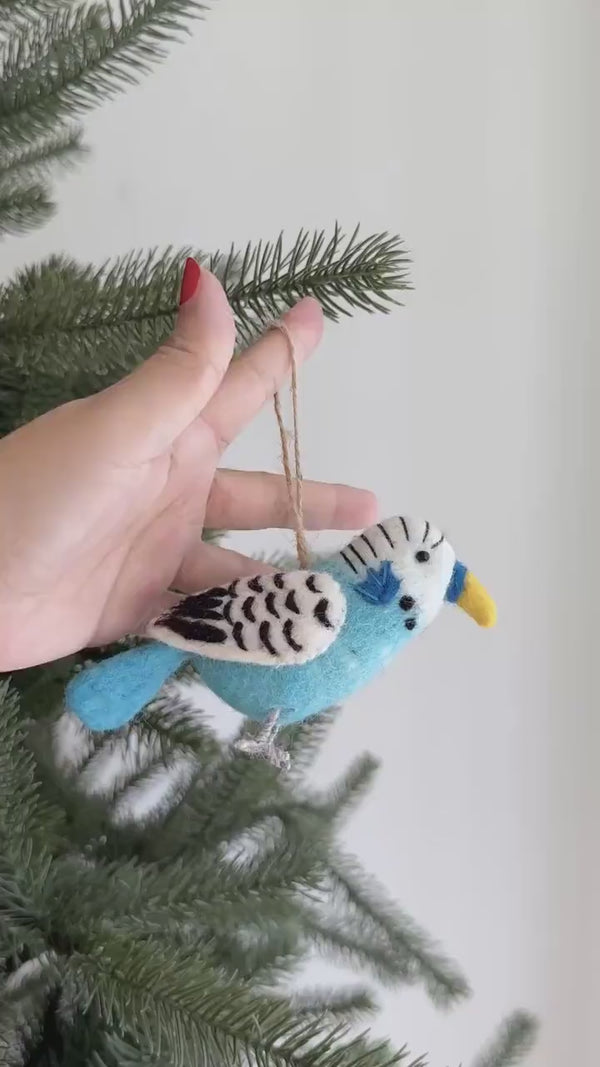 Blue Budgerigar Felt Ornament – Handmade Wool Felt Parakeet Christmas Tree Decoration