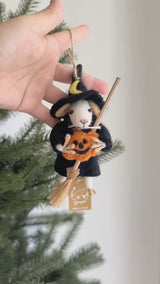 Felt Wizard Mouse Holding Pumpkin Ornament