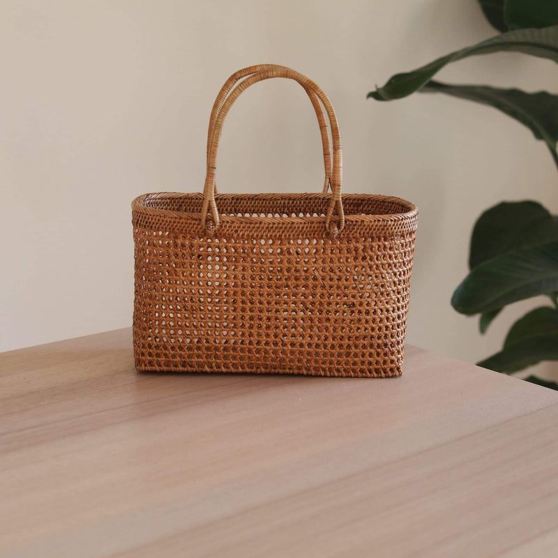 A light brown woven rattan handbag rests on a surface, its textured weave pattern visible. The bag has two handles for carrying and a spacious interior. In the background, a plant and wooden wall create an indoor setting.