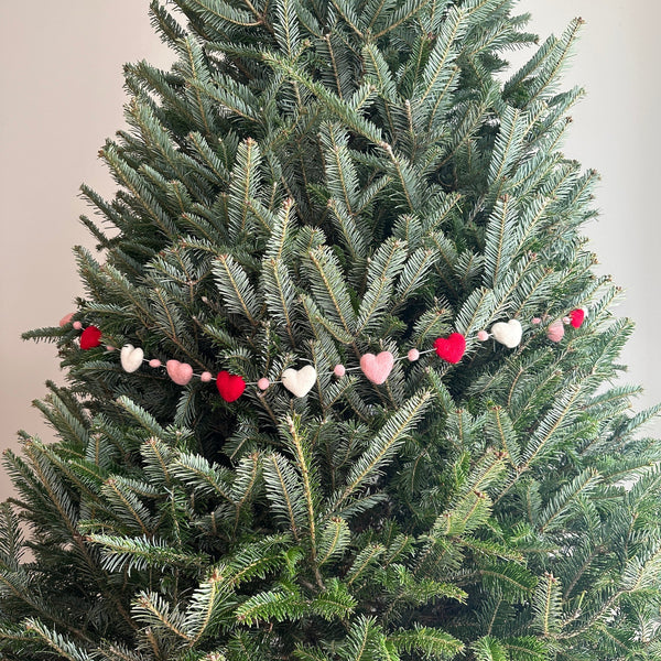 A colorful felt love garland is draped across a lush green Christmas tree, set against a muted wall. The wool felt garland features alternating red, blush pink, and white heart shapes. Small pink felted wool balls are placed between each heart, creating a warm and inviting atmosphere.