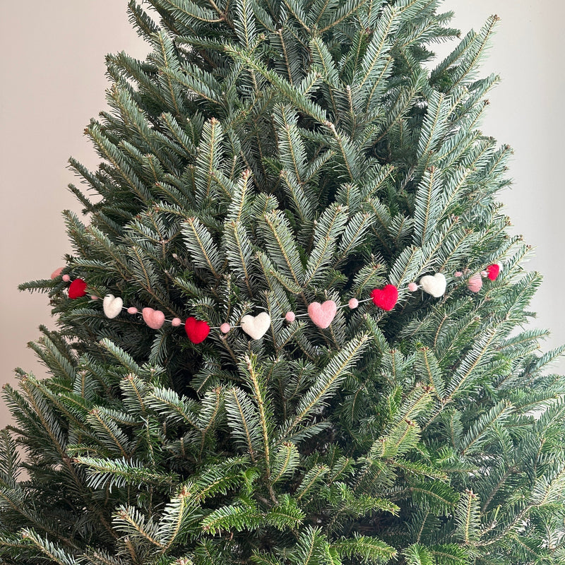 A colorful felt love garland is draped across a lush green Christmas tree, set against a muted wall. The wool felt garland features alternating red, blush pink, and white heart shapes. Small pink felted wool balls are placed between each heart, creating a warm and inviting atmosphere.