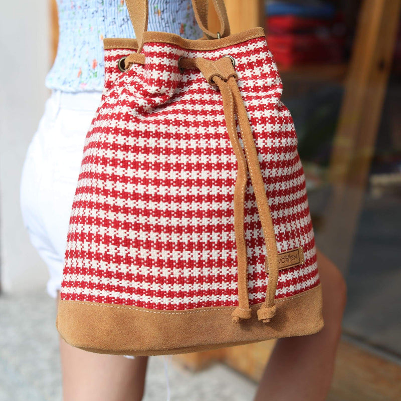 WOVEN Drawstring Bucket Bag - Red Houndstooth Premium Quality Unique Handmade Gifts And Accessories - Ganapati Crafts Co.