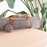 Yoga Mat Bag with Suede leather base and strap. Handmade in Woven Nepal. - Ganapati Crafts Co.