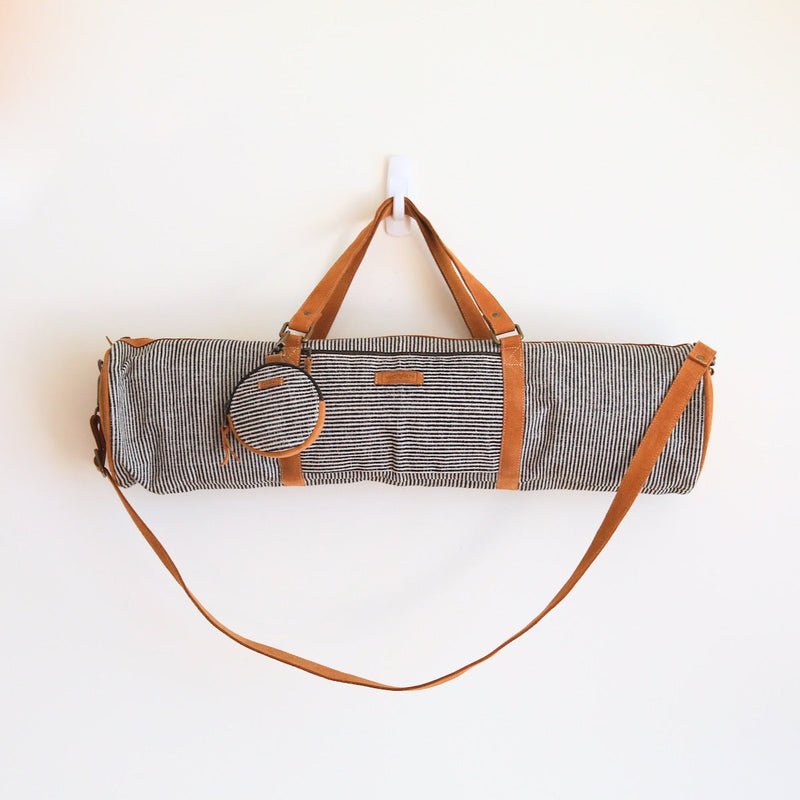 Yoga Mat Bag with Suede leather base and strap. Handmade in Woven Nepal. - Ganapati Crafts Co.